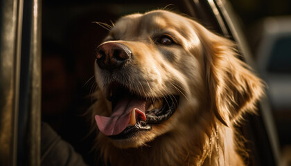 Golden retriever puppy sitting outdoors, looking cheerful generated by AI