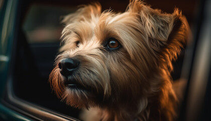 Cute terrier puppy sitting in car, outdoors generated by AI