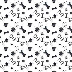 Seamless pattern cat, dog, paw footprint, and pet toy design background for wallpaper, wrapping, paper, and fabric. Vector illustration on isolated white background.