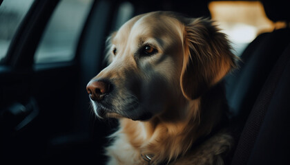 Golden retriever puppy sitting in car, looking generated by AI