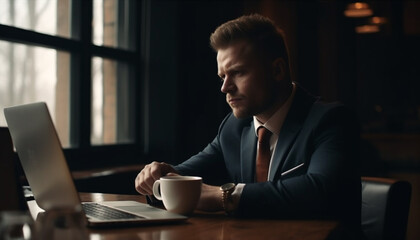 Fototapeta premium Confident businessman working late at modern office generated by AI