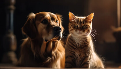 Cute pets sitting together, looking at camera generated by AI