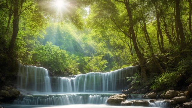 An Expressive Image Of A Waterfall In A Forest With Sun Shining Through The Trees AI Generative