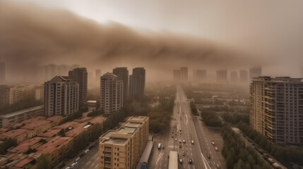 Fototapeta na wymiar Dramatic sandstorm over the modern city