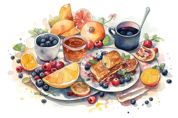 Fototapeta na wymiar Breakfast watercolor illustration. Healthy food, fruits and drinks. Generative AI