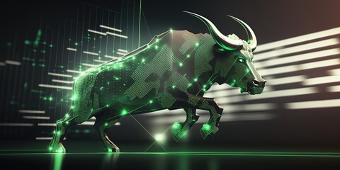 concept of green bull bullish in stock market exchange,  Arrow oblique up to the top right, 3d rendering by ai generative