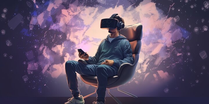 Man sitting on armchair wearing virtual reality headset in galaxy virtual world illustration by ai generative