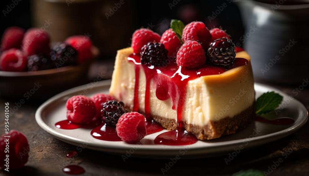 Wall mural Fresh berry cheesecake, a gourmet summer indulgence generated by AI