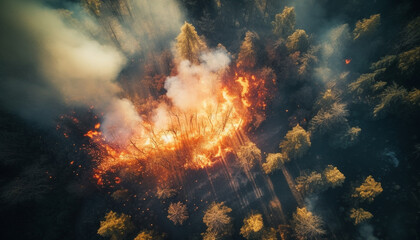 Obraz na płótnie Canvas Glowing bonfire explodes in dark forest night generated by AI