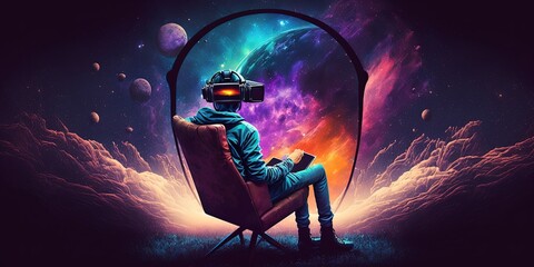 Man sitting on armchair wearing virtual reality headset in galaxy virtual world illustration by ai generative