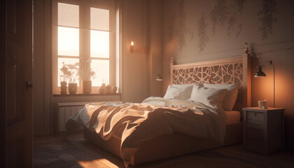 Cozy modern bedroom with bright natural sunlight generated by AI