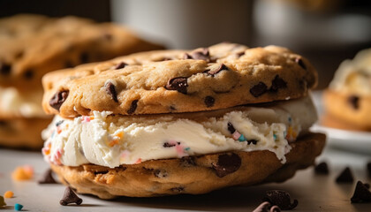 Freshly baked chocolate chip cookie with ice cream generated by AI