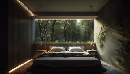 Comfortable modern bedroom with elegant wood decor generated by AI