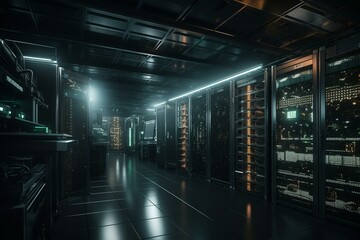 Fototapeta na wymiar A 3d rendered server data center showcasing backup, mining, hosting, mainframe, and computer racks with storage information. Generative AI