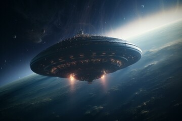 Fototapeta na wymiar Stunning sci-fi illustration of a UFO in orbit around its galactic home planet. Generative AI