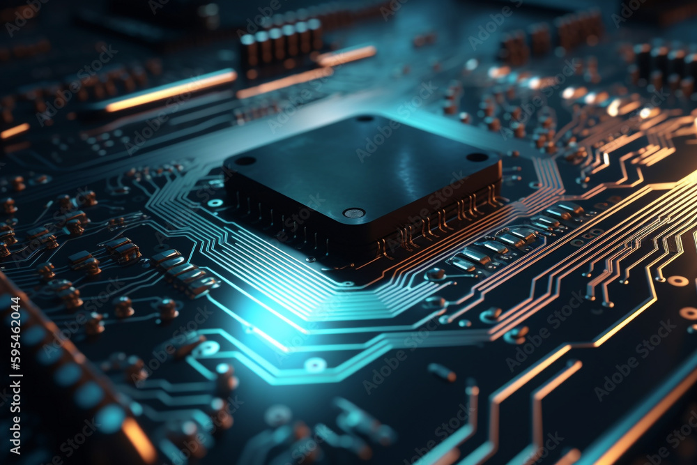 Poster abstract circuit board background with waves and glowing lines, generative ai