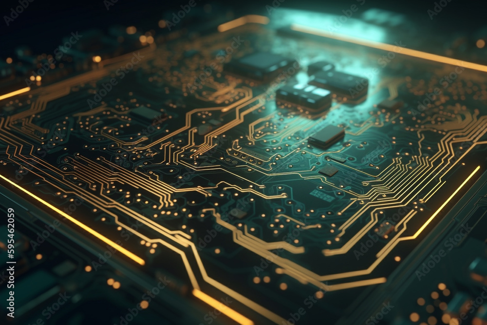 Poster abstract futuristic circuit board background with glowing lines , generative ai