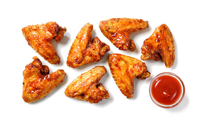 Air fryer chicken wings glazed with hot chilli sauce and served with ketchup. isolated on white background . top view