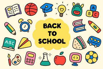 Back to School Vector Icon: Cute elements for decoration pages, your kids, children and students will have fun with this.
All clipart include pencil, alarm clock, note and many more