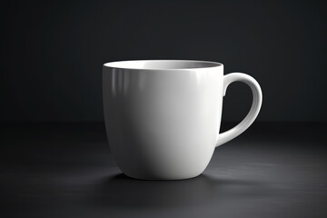 A white coffee cup on a black background with a shadow on the ground and a black background with a white coffee cup on a black background. generative ai