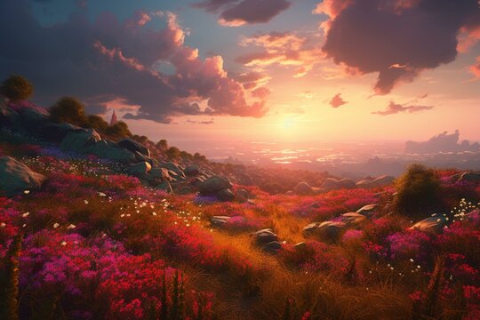 Gorgeous anime-style art of a flower-filled fantasy landscape with a stunning sky. Created with digital painting techniques. Generative AI