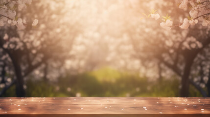 Naklejka na ściany i meble Spring Background With Empty Wooden Table Natural Template. Generative Ai
