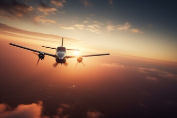 Fototapeta na wymiar Aircraft soaring under sunrise. Generative AI