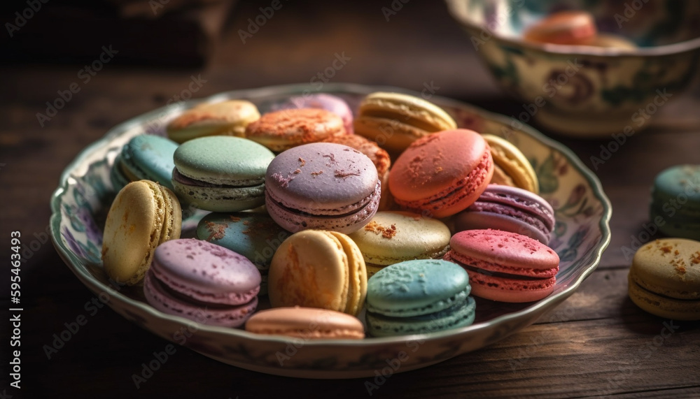 Poster macaroons stack on rustic wooden table generated by ai