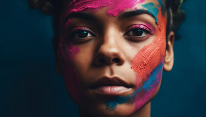 Confident young woman with colorful face paint smiles generated by AI