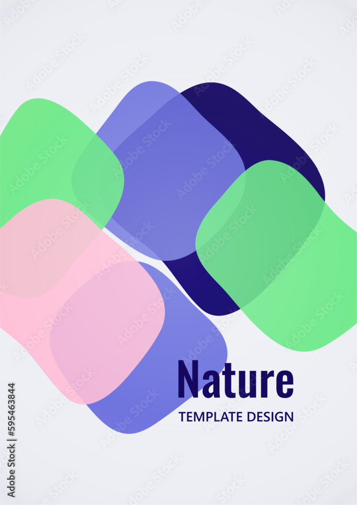 Poster geometric composition with a transparent overlay of colored rounded, square shapes. vector.