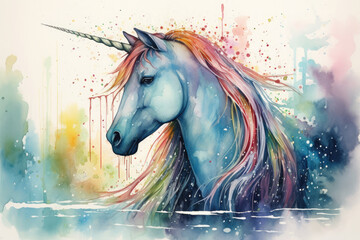 Draw a peaceful watercolor portrait of a majestic unicorn with a rainbow mane and tail, drinking from a sparkling, Generative Ai