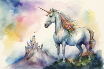 Obraz na płótnie Canvas Design a charming watercolor painting of a majestic unicorn with a rainbow mane and tail, Generative Ai