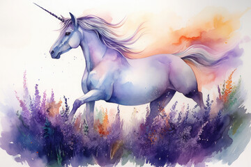 Fototapeta na wymiar Create an enchanting watercolor painting of a majestic unicorn with a rainbow mane and tail, Generative Ai