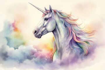Naklejka na ściany i meble Illustrate a magical watercolor portrait of a majestic unicorn with a rainbow mane and tail, standing on a bed, Generative Ai