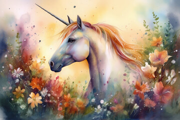 Naklejka na ściany i meble Capture the enchanting beauty of a unicorn in a watercolor painting, as it stands majestically amidst a field of blooming flowers, Generative Ai