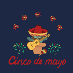 Cinco de Mayo greeting card. Mexican holiday cactus in a sombrero, guitar