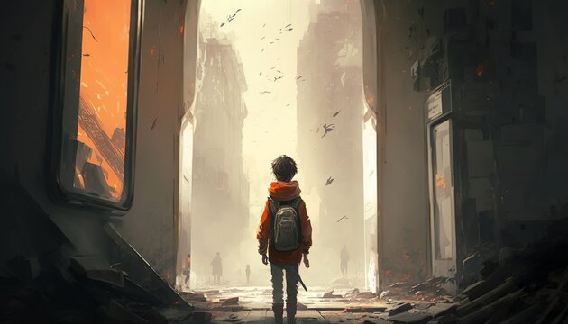 protagonist experiences a crisis that makes them question flying debris all around distopia world generative ai design illustration