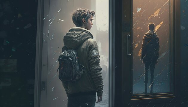protagonist experiences a crisis that makes them question and leaving alone to the cold winter in distopa world generative ai design illustration