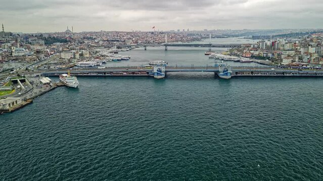 Bay area around the Galata Bridge in Istanbul Eminonu ferry time-lapse