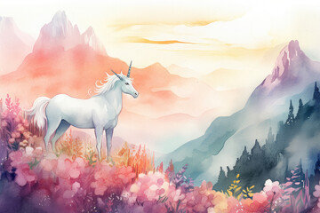 Create a dreamy watercolor scene of a unicorn standing on a hilltop, overlooking a valley, Generative Ai