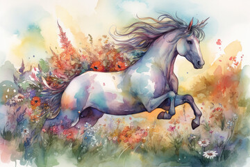 Obraz na płótnie Canvas Illustrate a magical watercolor portrait of a unicorn galloping through a meadow of wildflowers, with a rainbow, Generative Ai