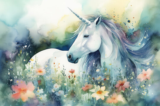Create a dreamy watercolor painting of a unicorn standing in a meadow of soft blue and green flowers, with a rainbow overhead and a gentle, Generative Ai