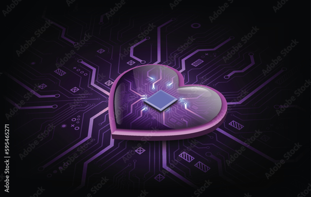 Poster digital heart glows in a futuristic style. 3d model with a board texture, a postcard as a symbol of 
