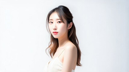 Beautiful Asian Woman, Close up on her face with Smooth skin look at the camera on a White background in Studio light. Japanese or Chinese or Korean or Taiwanese. Like wedding photo. generative AI