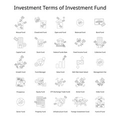 investment terms and vocabulary of different type of investment fund black and white line icon