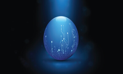 Easter egg in tech futuristic style. Greeting card with abstract 3d egg with circuit board texture. Glowing digital vector illustration