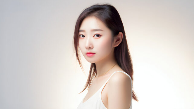 Beautiful Asian Woman, Close up on her face with Smooth skin look at the camera on a White background in Studio light. Japanese or Chinese or Korean or Taiwanese. Wedding photo. generative AI