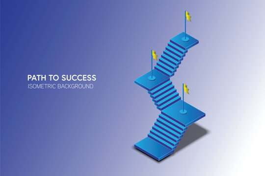 The concept of the path to success on a blue background. Staircase up in a isometric style. Digital path abstract vector illustration