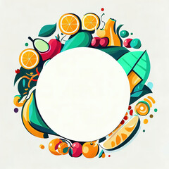 Abstract design of a circular frame with Variety of fruits and vegetables around it, used for banners, flyers, posters, advertisements with Generative AI