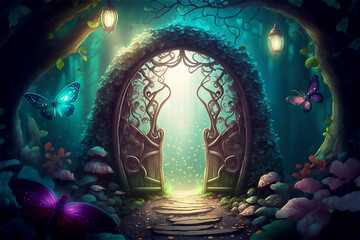 Fantasy enchanted fairy tale forest with magical secret door. Digital illustration, Generated AI - obrazy, fototapety, plakaty